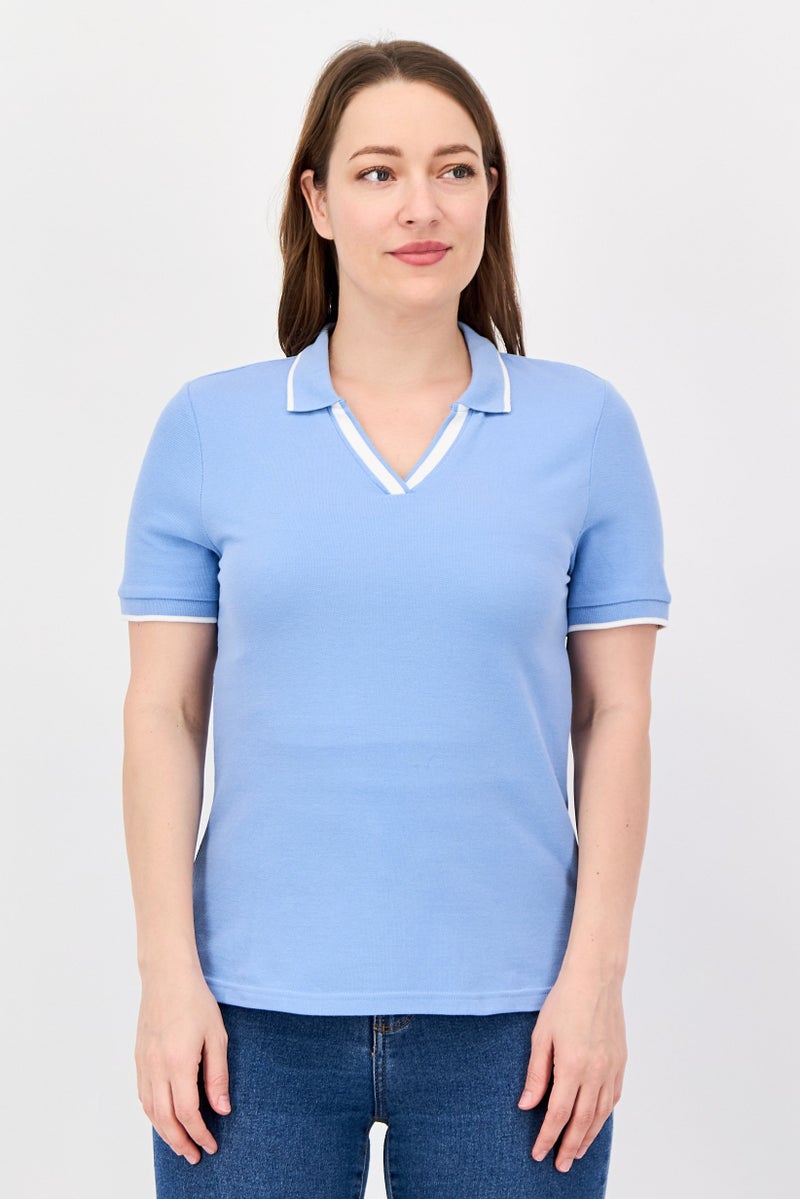 M.S Collection Women V-Neck Short Sleeve Solid Polo Shirt, Blue - Image 1